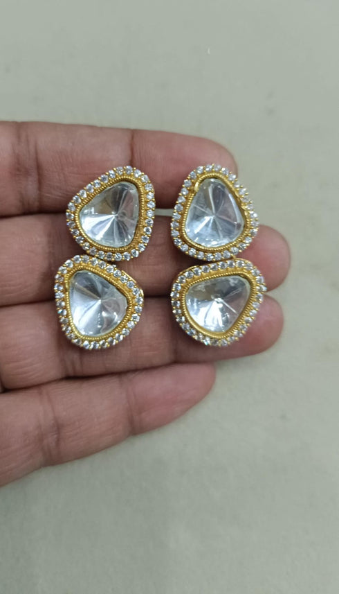 Moissanite Polki Earrings, White Wedding Kundan necklace set, 925 pure silver jewellery